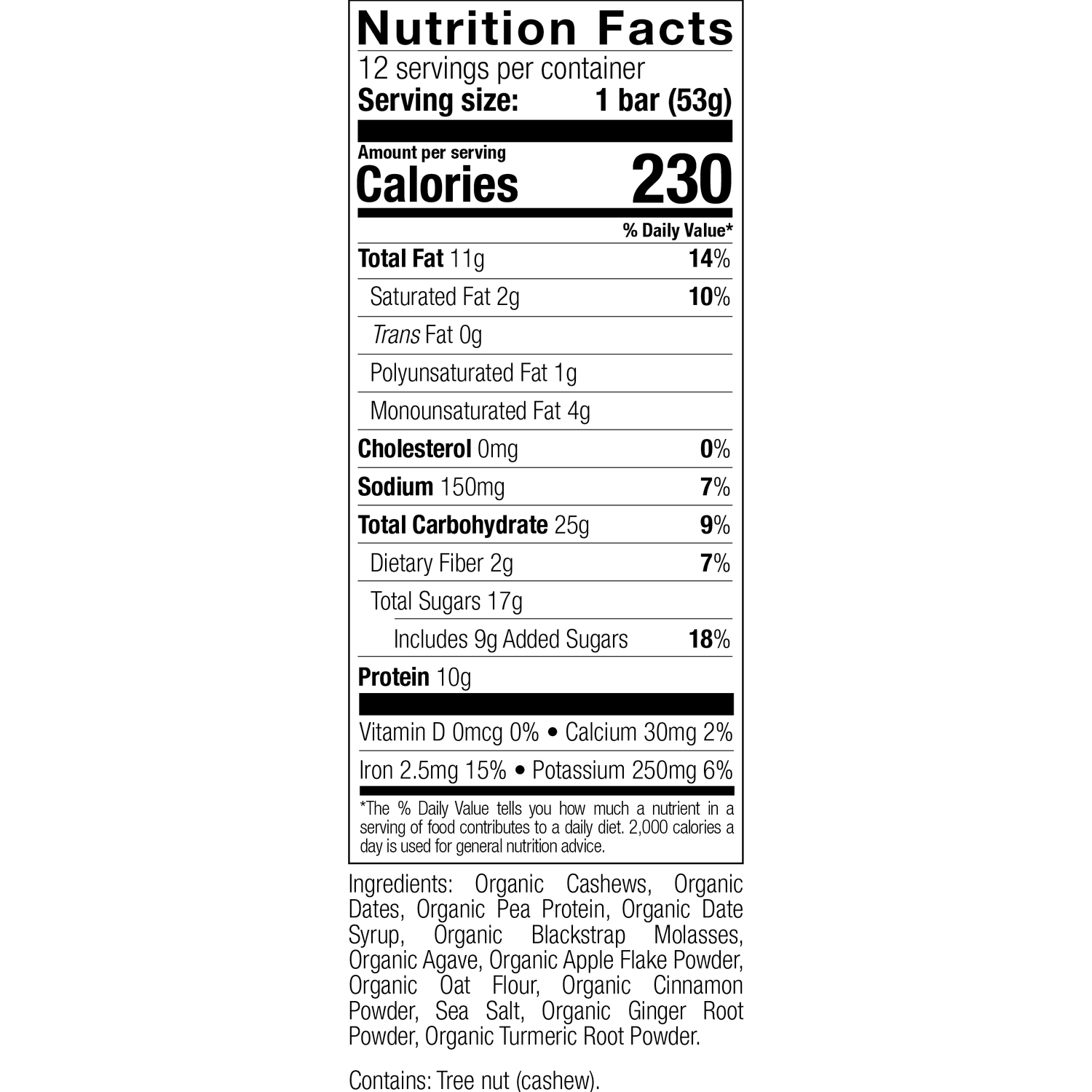 POSSIBLE Cashew Date Turmeric nutrition facts panel