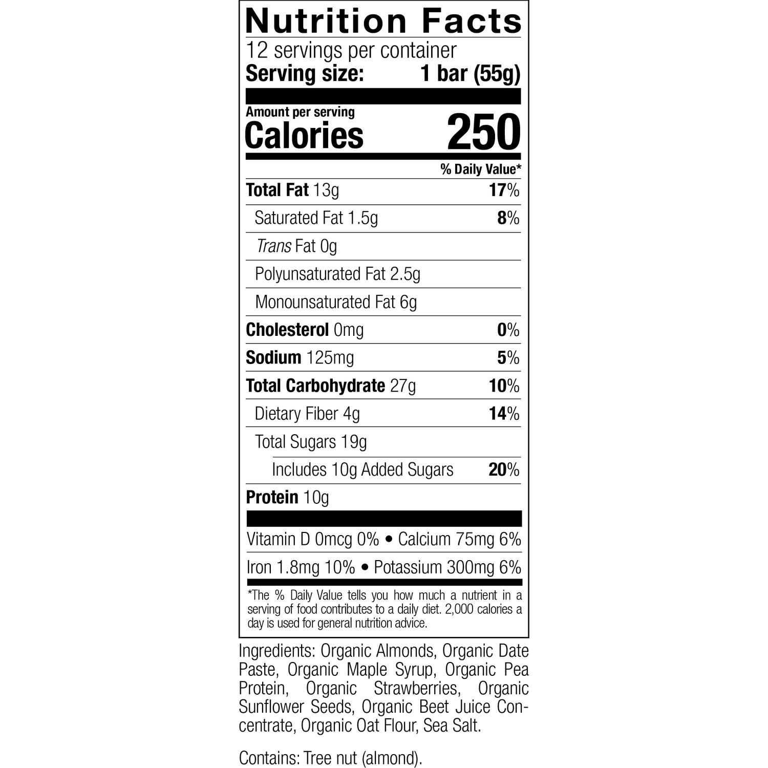 POSSIBLE Detailed nutrition facts for POSSIBLE Strawberry Beet Almond Snack Bar, showing 250 calories, 10g protein, 4g fiber, and simple and complex carbohydrates for sustained energy.