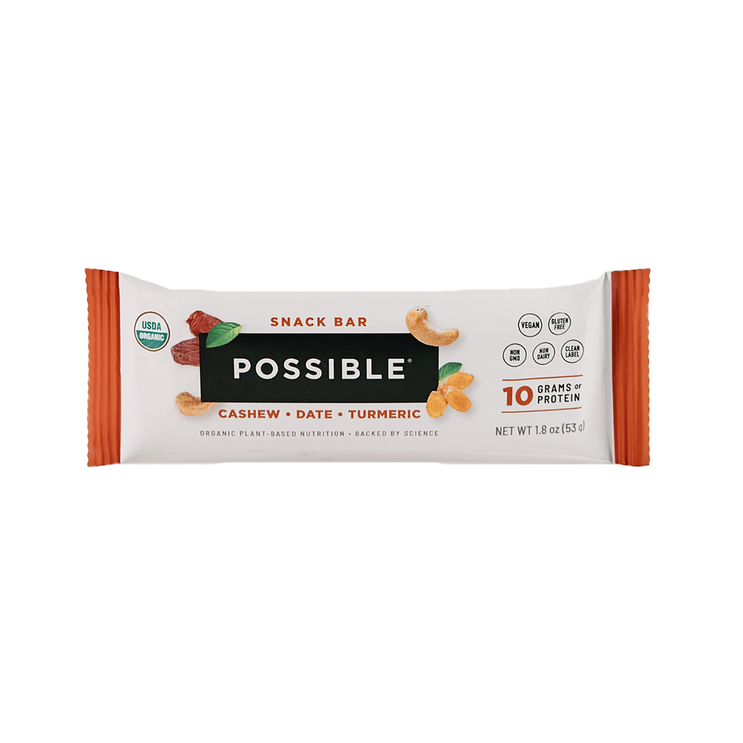 A single-packaged 'Possible' cashew date turmeric snack bar, designed with a clean and modern label.