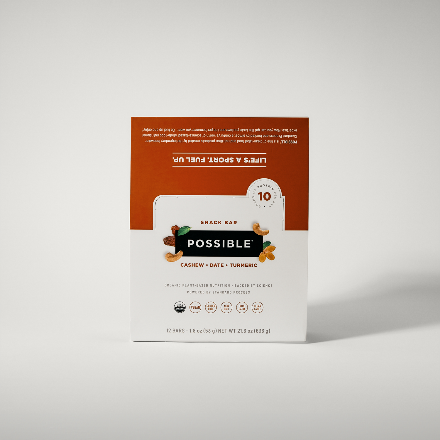 POSSIBLE Cashew Date Turmeric Snack Bar box packaging, highlighting organic certification, non-GMO, and clean label ingredients for sustained energy and performance.