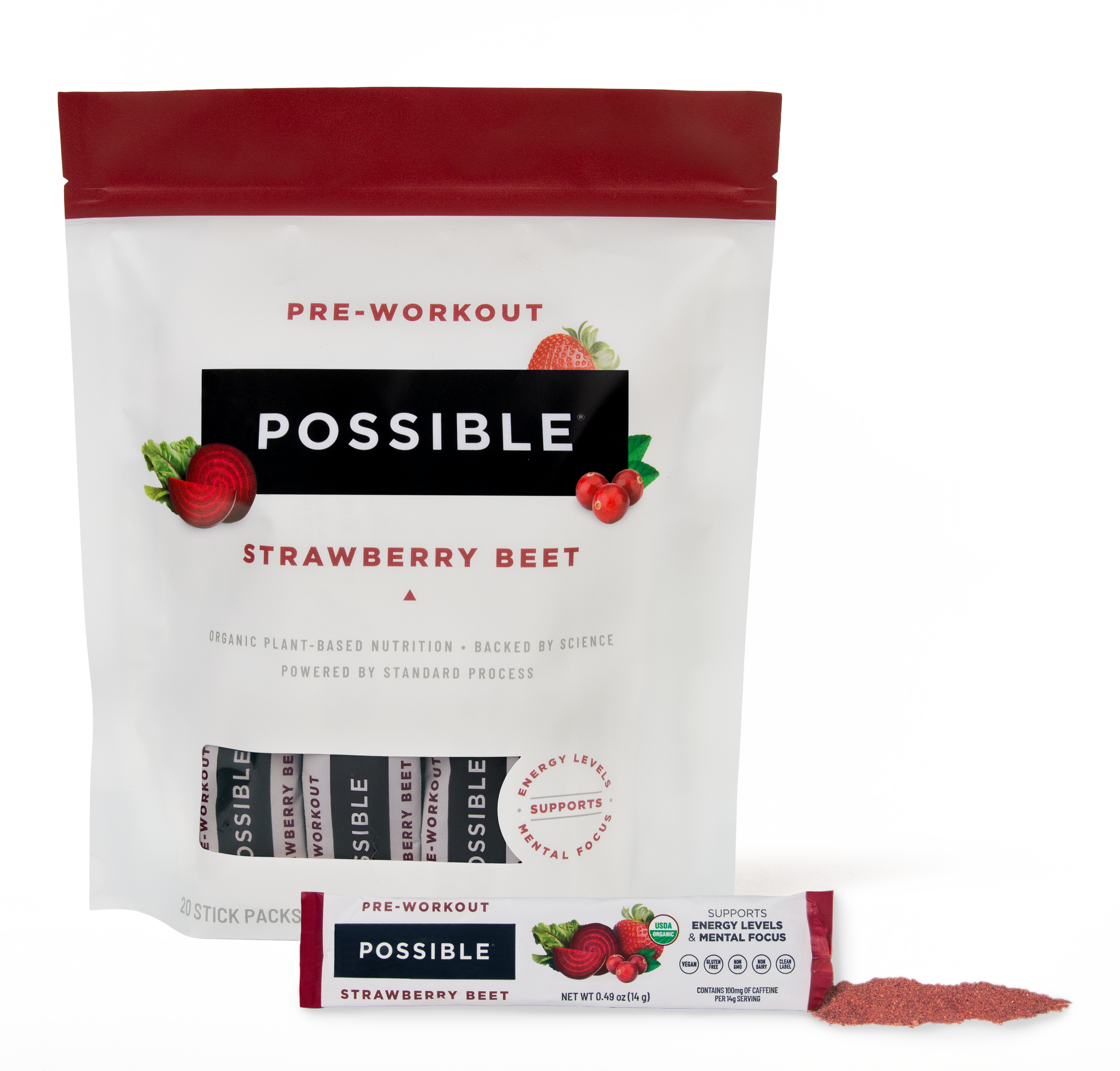 POSSIBLE Pre-Workout Strawberry Beet resealable pouch with a single-serving stick pack and powdered supplement displayed alongside fresh strawberries and beets