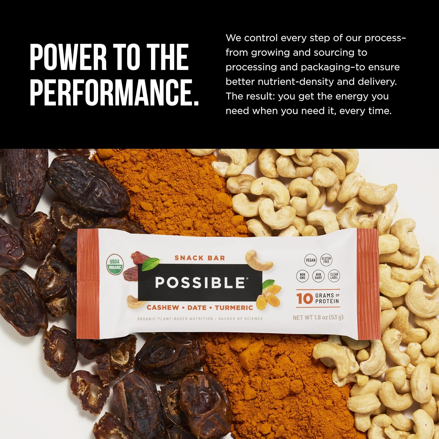 POSSIBLE Snack Bar benefits: 10g plant-based protein, energy and sustenance, clean label, healthy fats, and no artificial sweeteners.