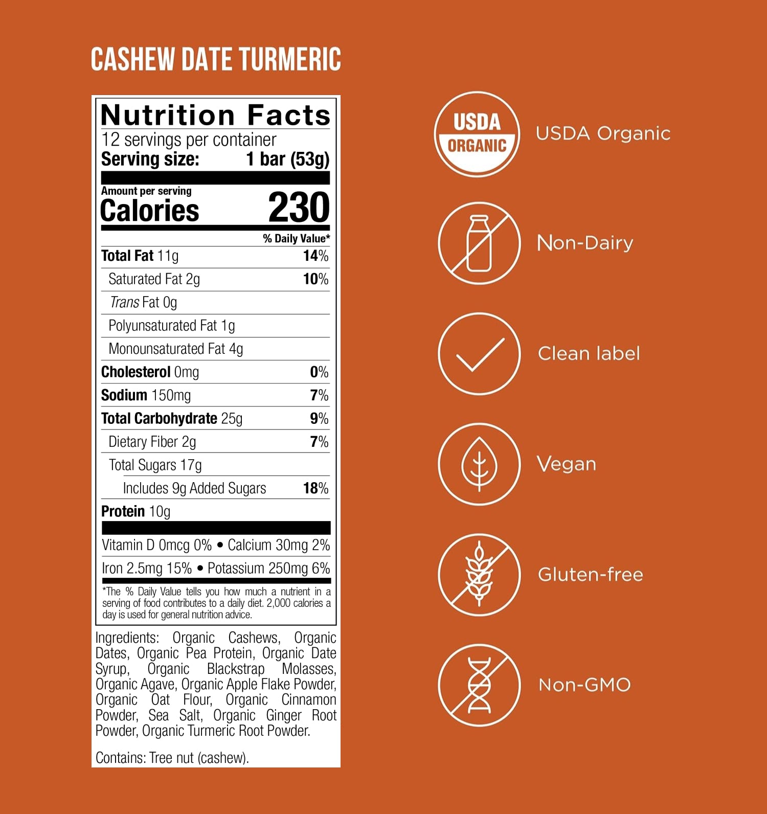 POSSIBLE Cashew Date Turmeric Snack Bar nutrition facts and certifications, featuring 230 calories, 10g of protein, USDA organic, vegan, gluten-free, and non-GMO labels.