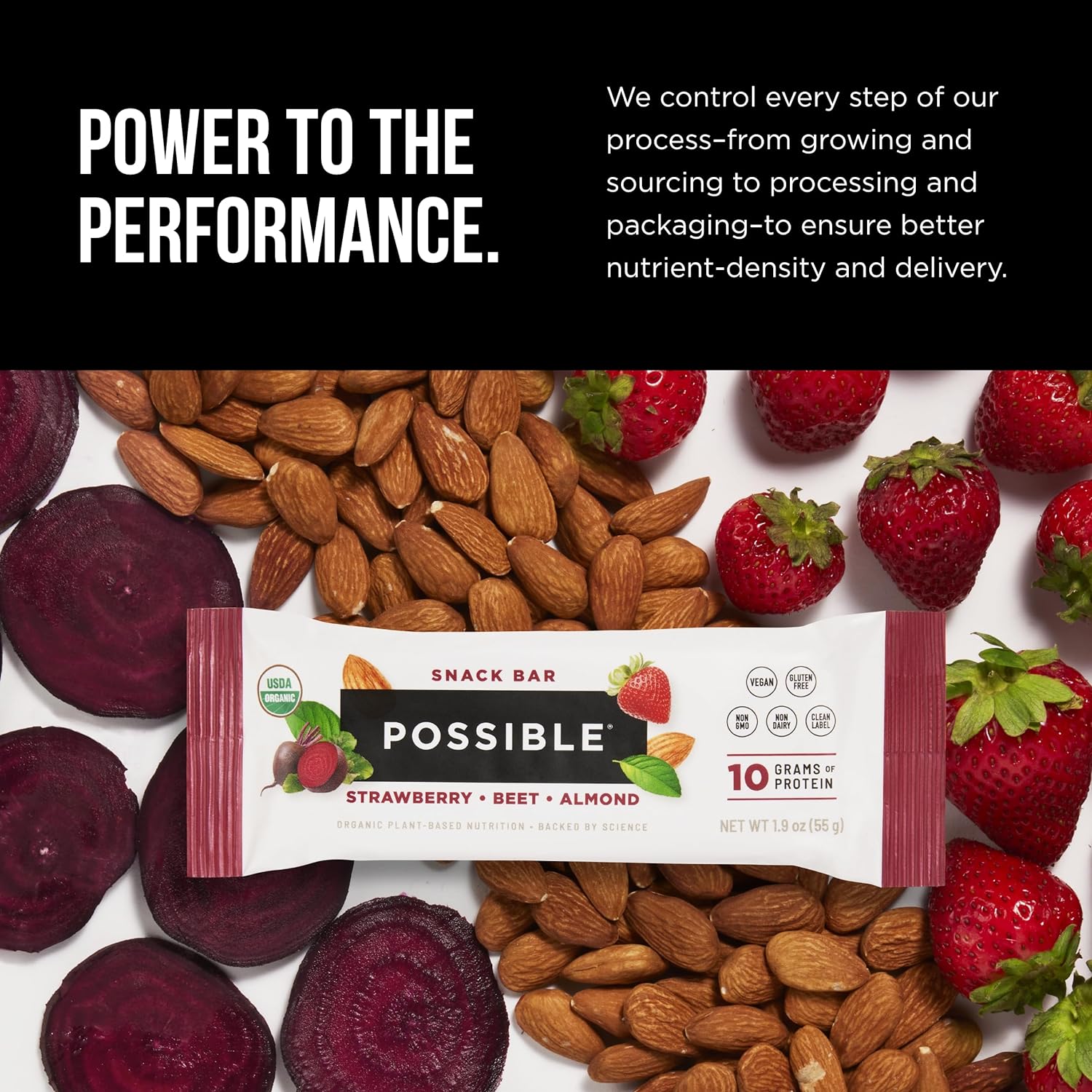 POSSIBLE Strawberry Beet Almond Snack Bar displayed with whole food ingredients, including fresh strawberries, sliced beets, and almonds, emphasizing natural plant-based nutrition.