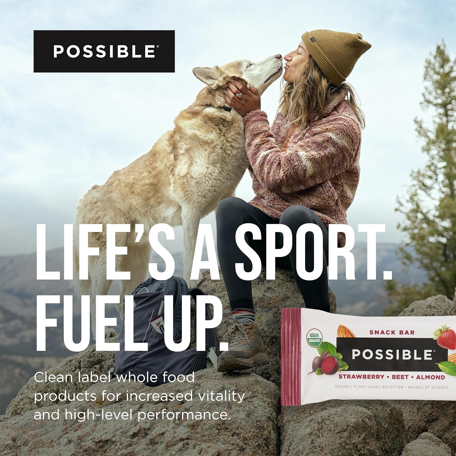 POSSIBLE Strawberry Beet Almond Snack Bar featured in an outdoor adventure setting with the slogan 'Life’s a Sport. Fuel Up.' promoting vitality and high-performance nutrition.