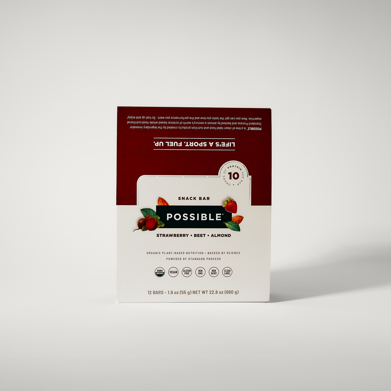 POSSIBLE Strawberry Beet Almond Snack Bar box packaging, emphasizing clean-label ingredients, plant-based protein, and whole food performance.