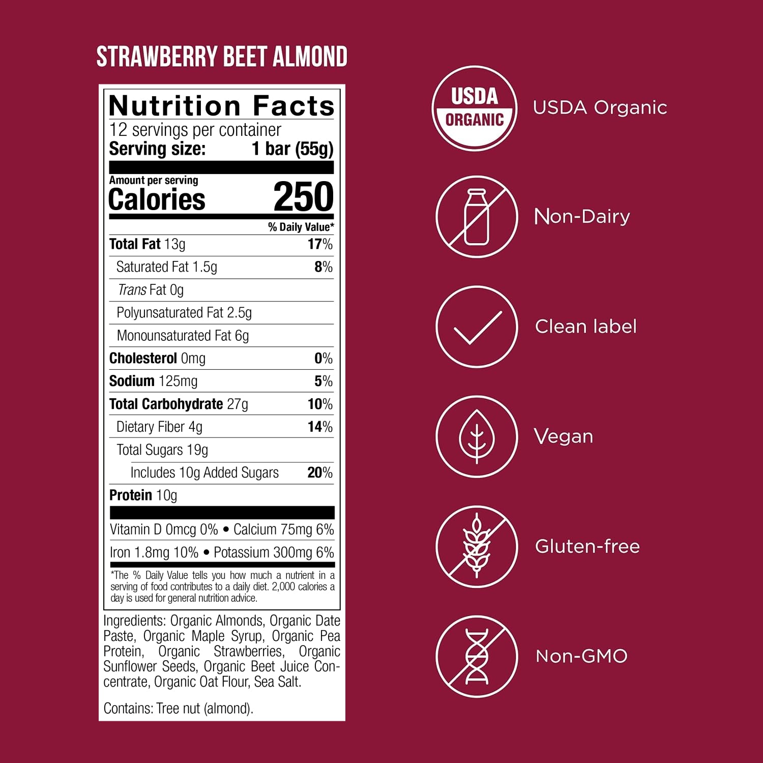 POSSIBLE Strawberry Beet Almond Snack Bar nutrition facts and certifications, showing 250 calories, 10g protein, 4g fiber, and USDA organic, gluten-free, and non-GMO labels.