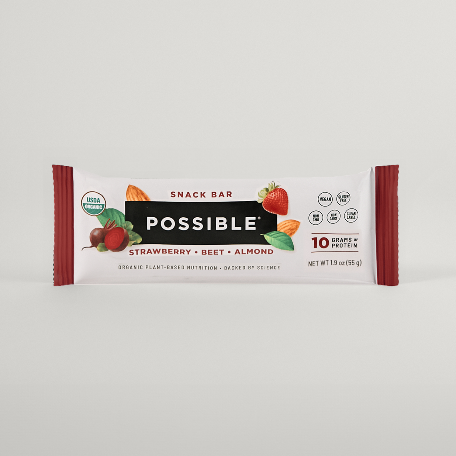 POSSIBLE Strawberry Beet Almond Snack Bar in packaging, highlighting USDA organic certification, non-GMO, and 10 grams of plant-based protein.