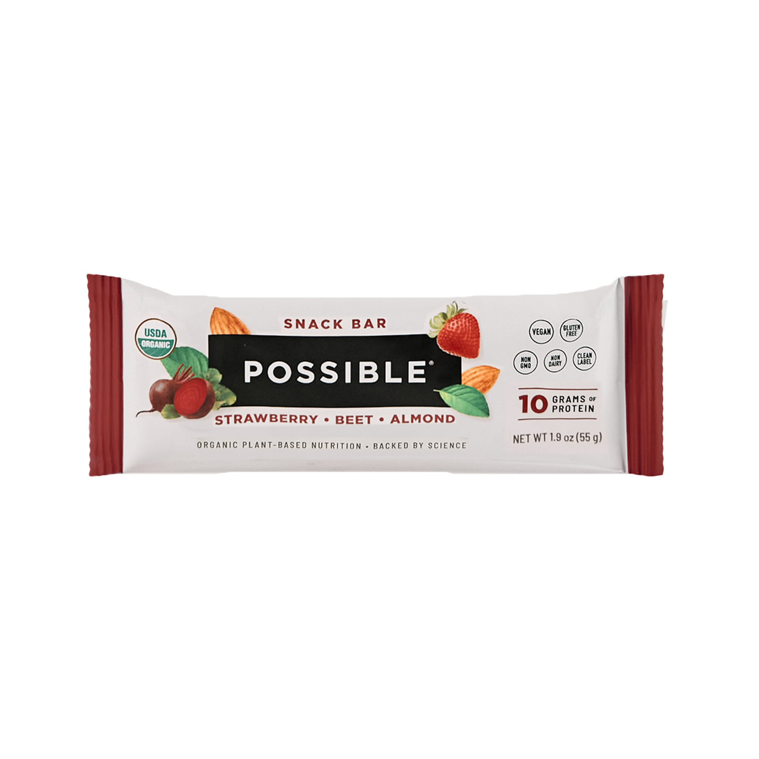 A POSSIBLE strawberry beet almond snack bar package featuring images of natural ingredients like almonds and beets