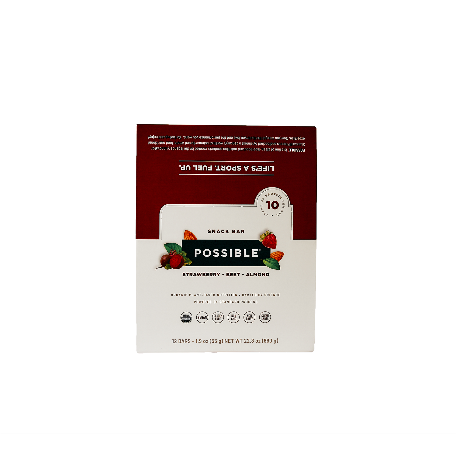 A strawberry beet snack bar boxed packaging of bars with an organic and nutritional focus.