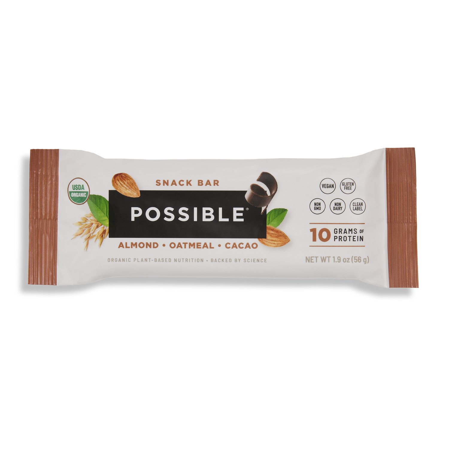 POSSIBLE Almond Oatmeal Cacao Snack Bar in packaging, highlighting 10 grams of plant-based protein, organic ingredients, and a clean label.