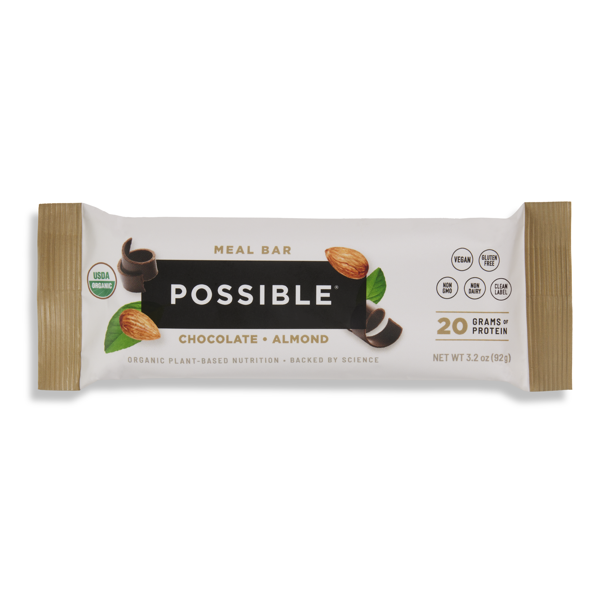 A POSSIBLE Chocolate & Almond meal bar in beige packaging, featuring images of almonds and chocolate, highlighting its plant-based protein content