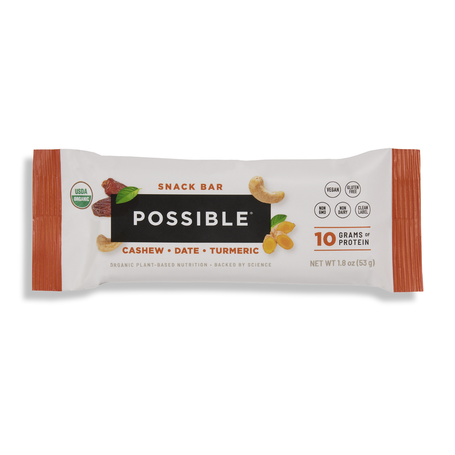 POSSIBLE Cashew Date Turmeric Snack Bar in its packaging, featuring 10g of plant-based protein, organic ingredients, and a clean label.