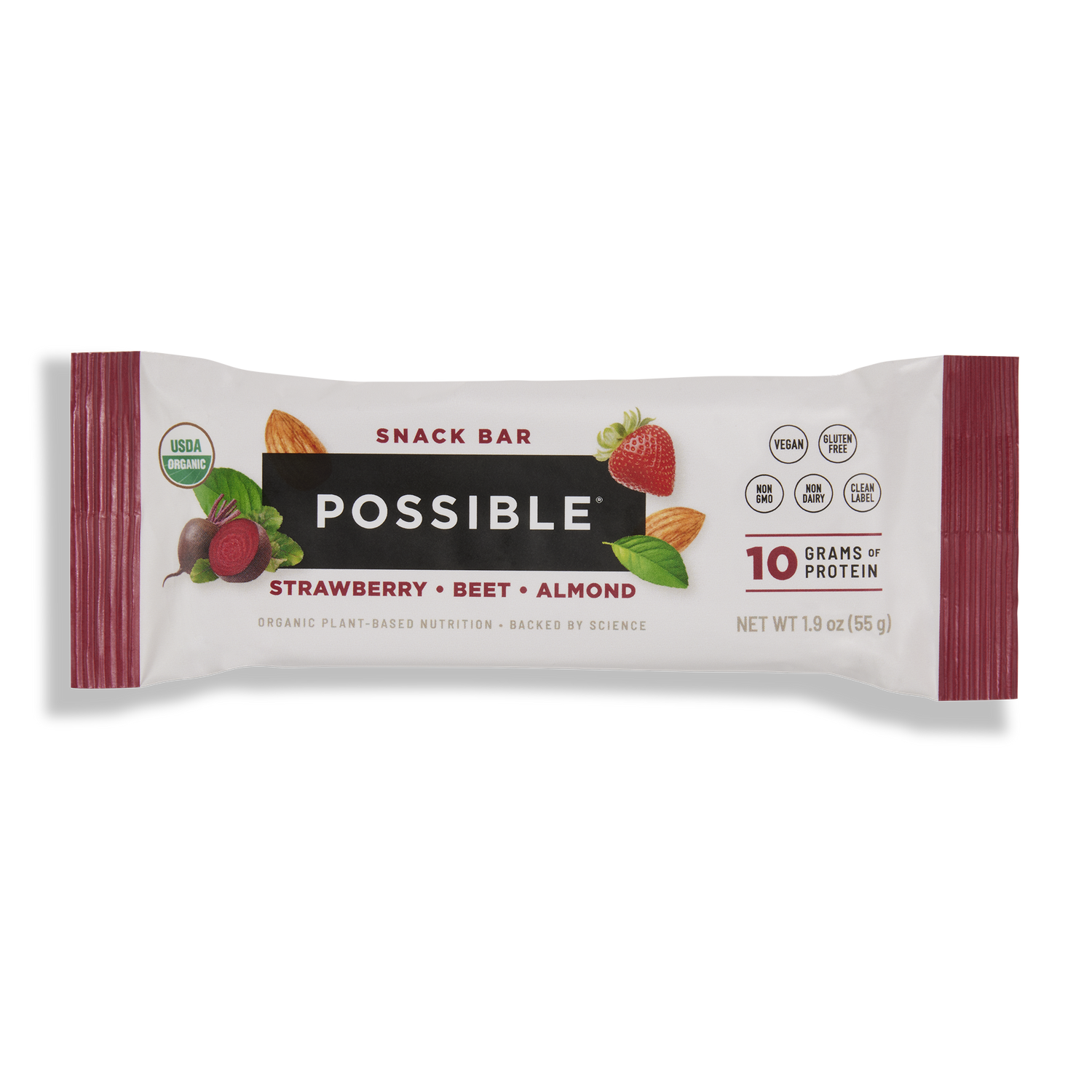 POSSIBLE Strawberry Beet Almond Snack Bar in packaging, highlighting 10 grams of plant-based protein, organic ingredients, and a clean label.