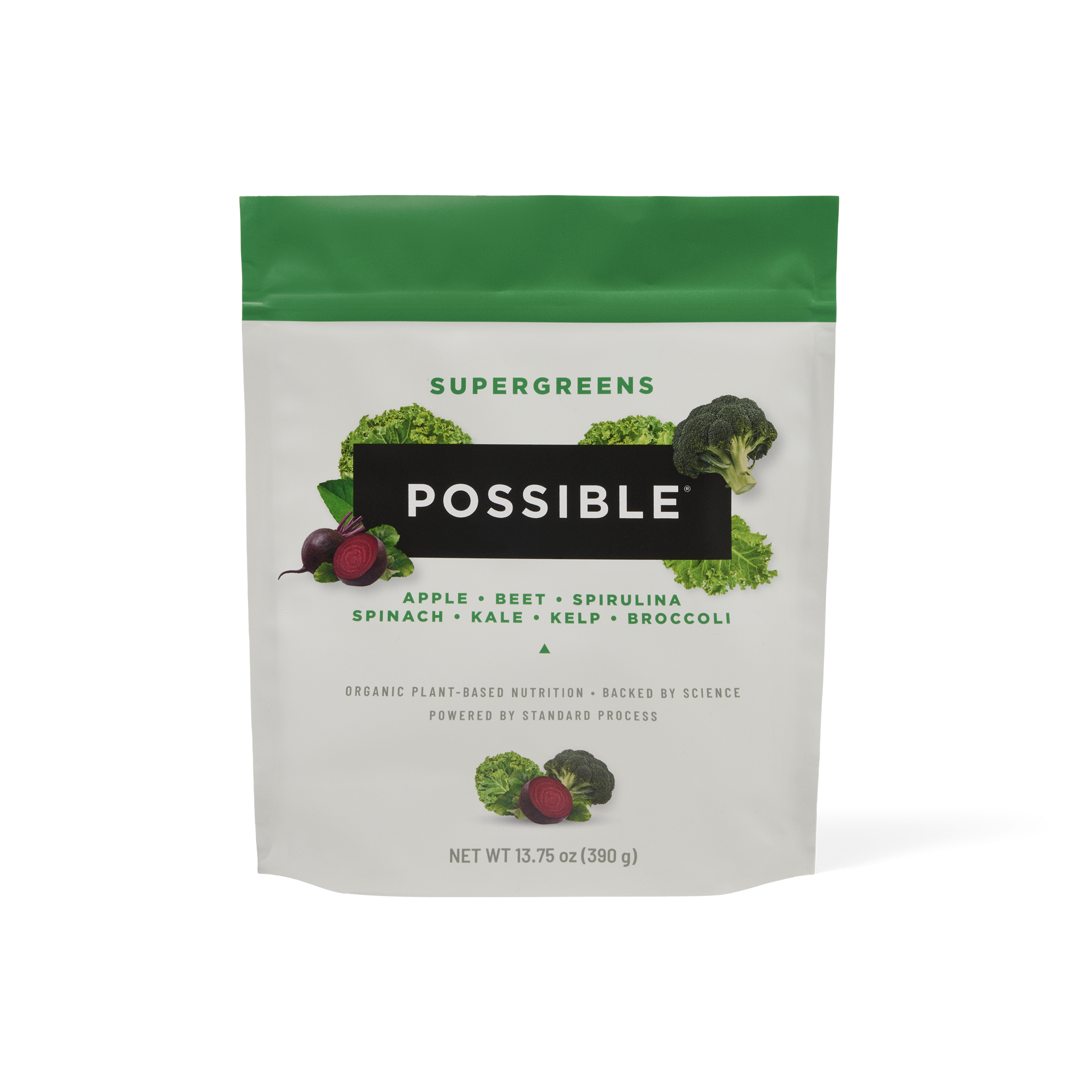 A resealable pouch of POSSIBLE Supergreens powder with a green and white design, featuring images of leafy greens and berries, promoting plant-based nutrition